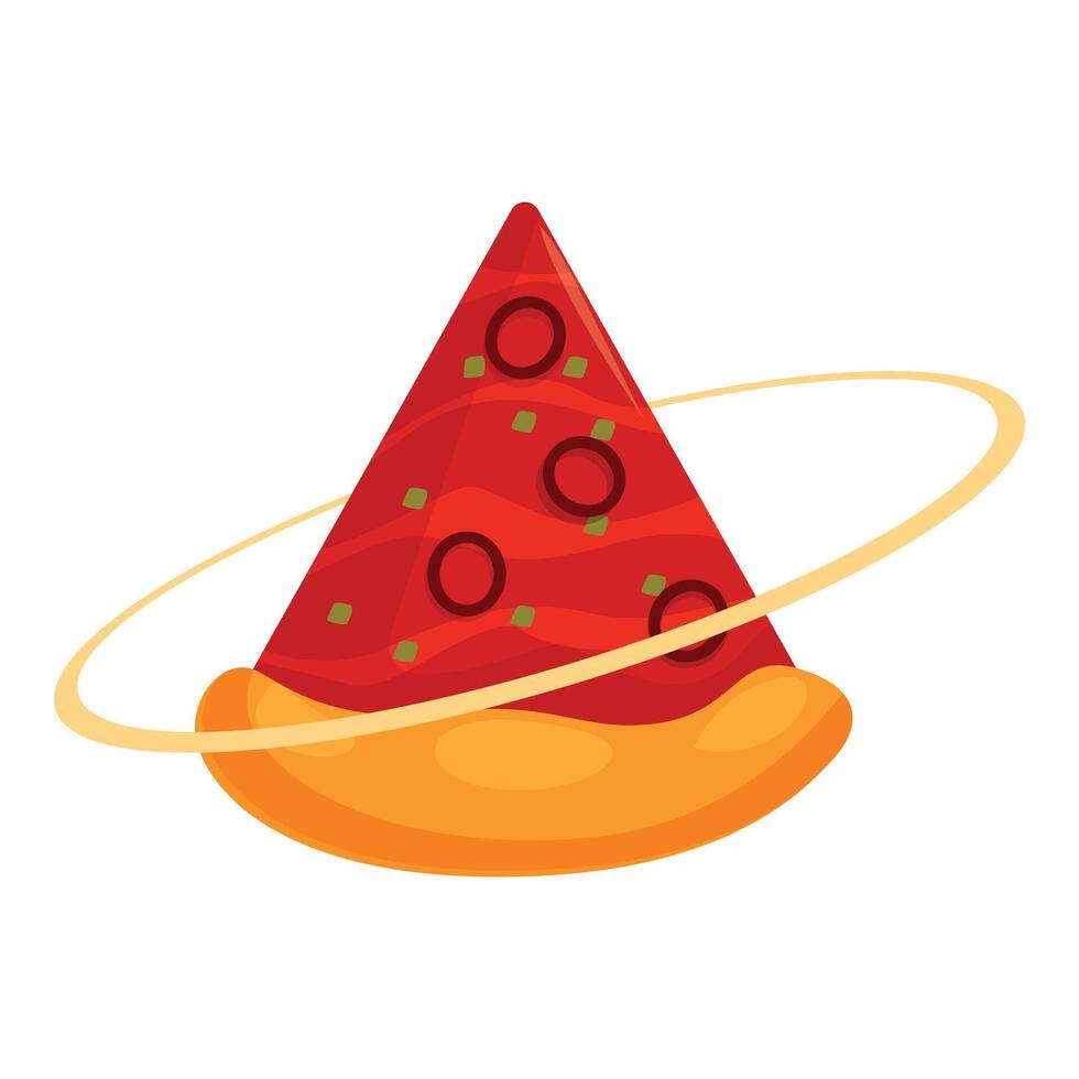 Triangular slice of pizza rotating like a planet with ring vector