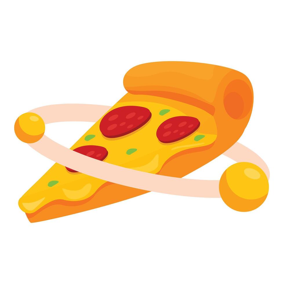 Delicious pepperoni pizza slice orbiting around two planets vector
