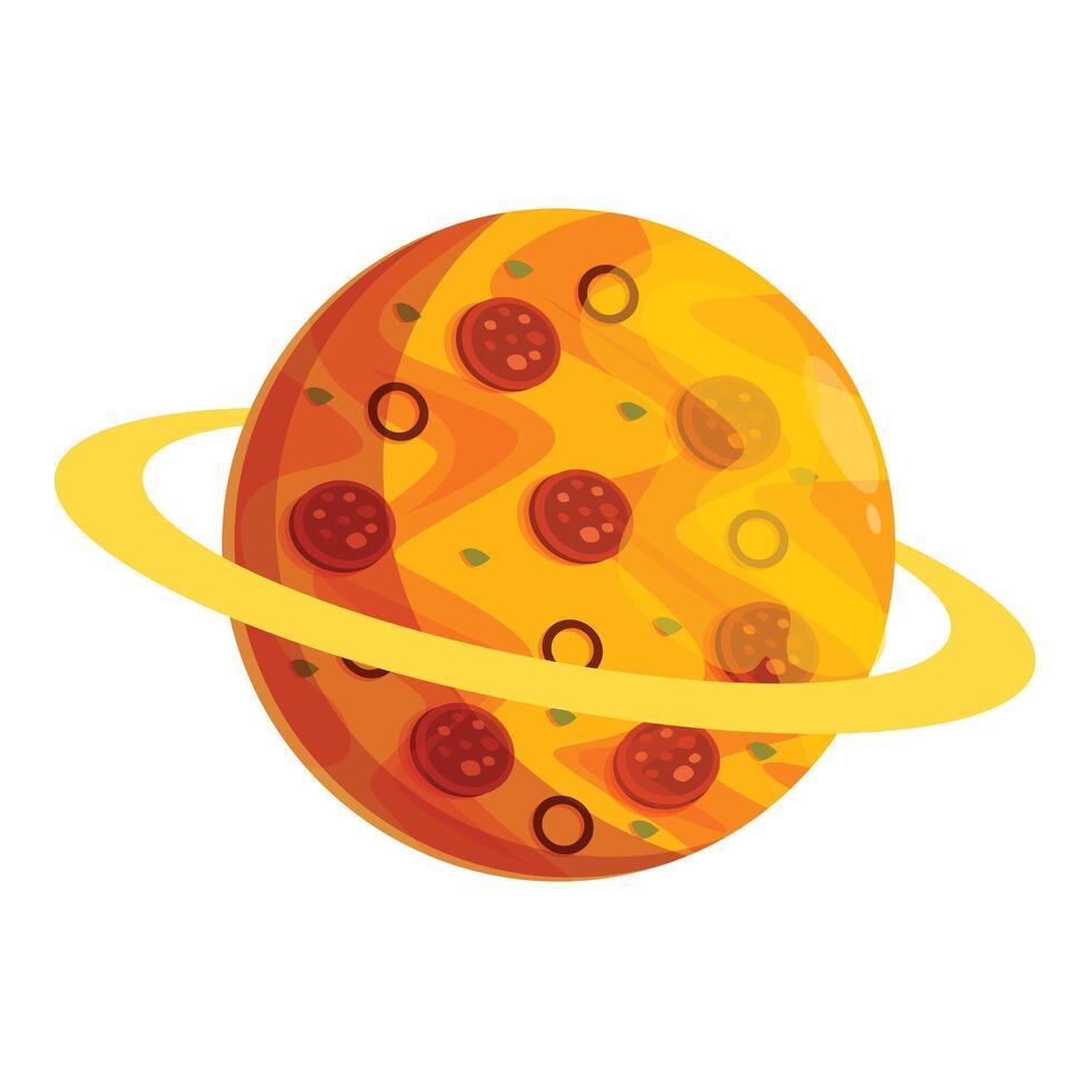 Delicious pizza planet rotating in space with ring, pepperoni, cheese, and olives galore vector