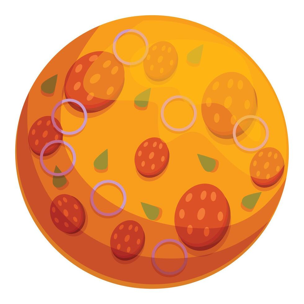 Delicious round pizza with pepperoni, onion rings, and herbs is being prepared vector