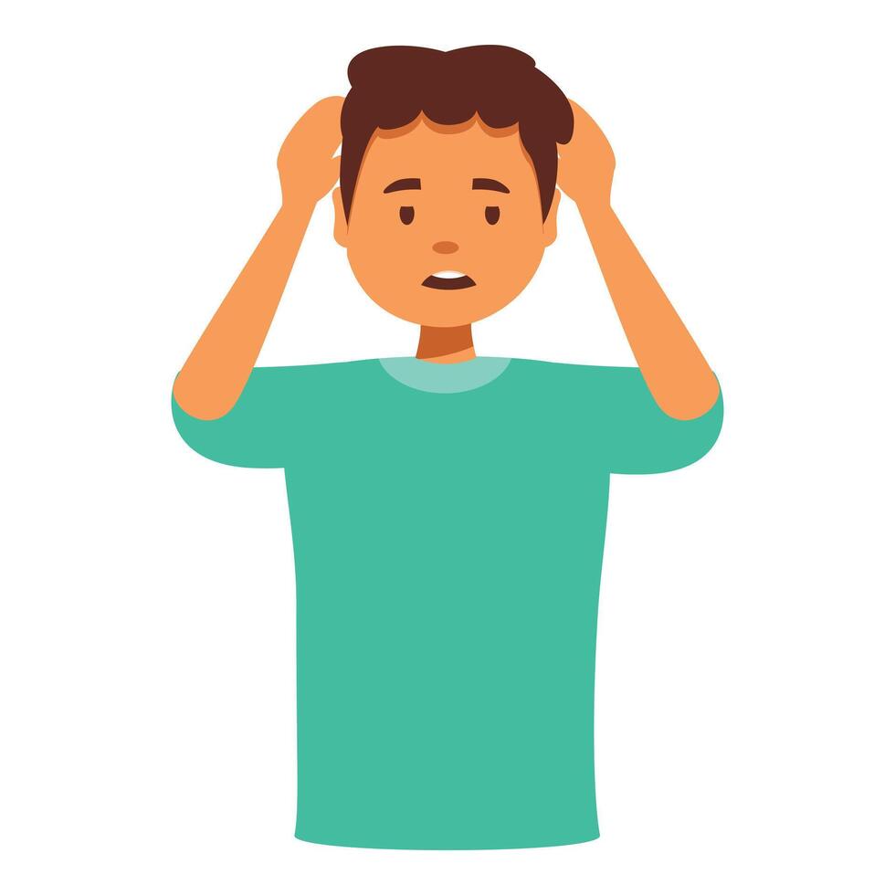 Young man suffering from migraine touching head feeling strong headache vector