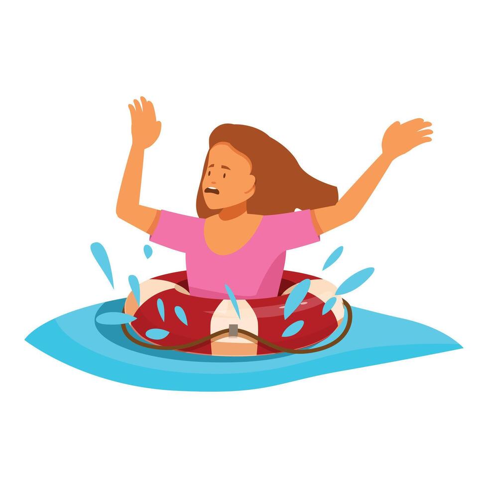 Scared young woman floating on lifebuoy asking for help vector