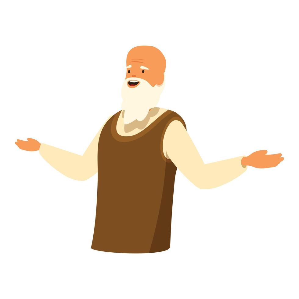 Smiling senior man showing something with open hands and looking away vector