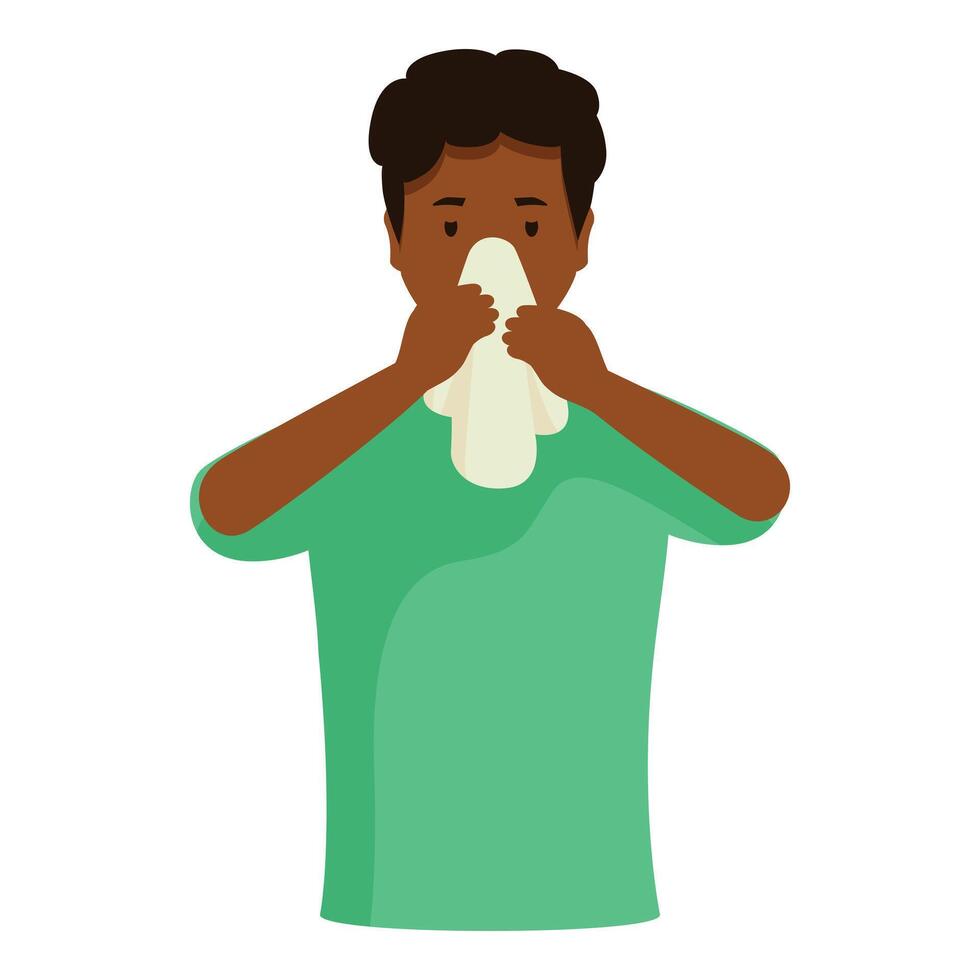 Sick young man blowing nose with tissue paper, suffering from cold or flu vector
