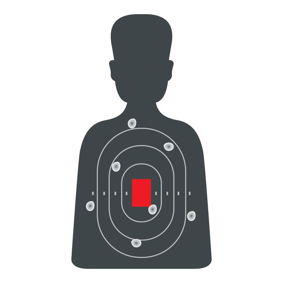 Human shaped target showing bullet holes and red square center mass vector
