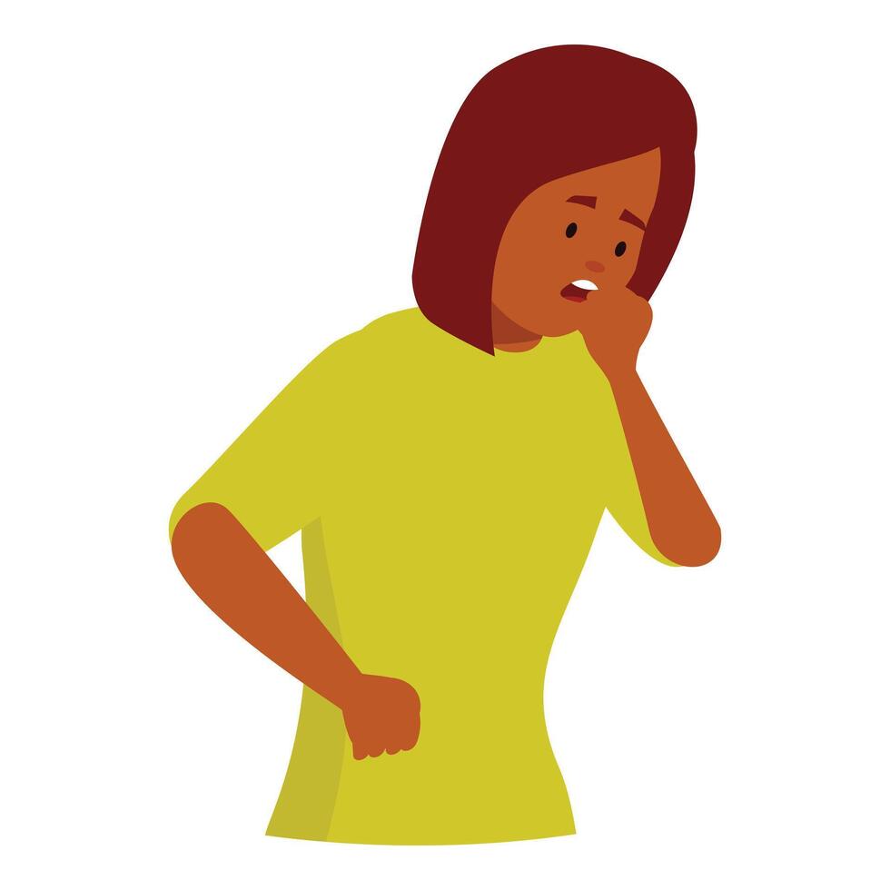 Worried young woman biting her nails and holding her stomach feeling sick vector