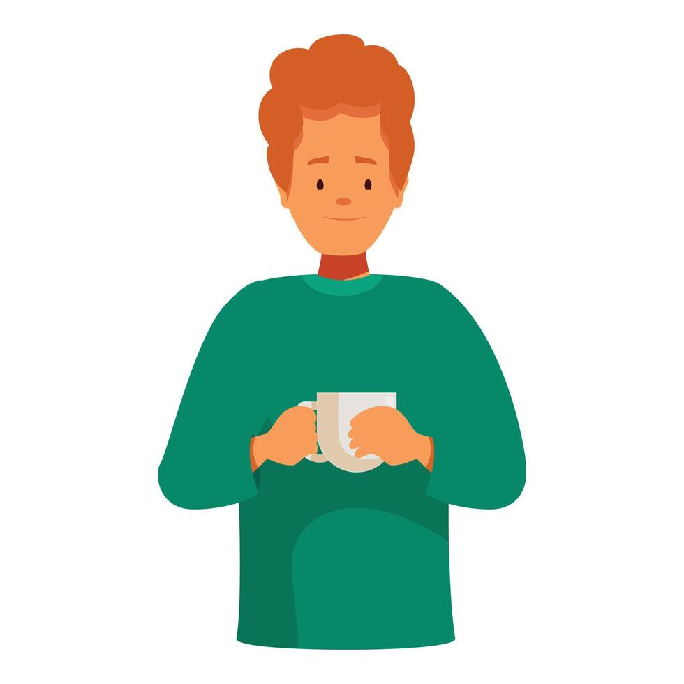 Smiling young man holding a mug of hot drink, coffee or tea vector