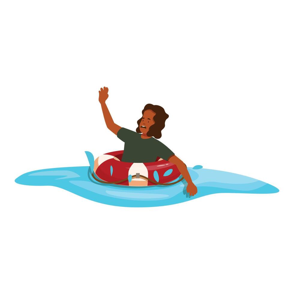 Castaway waving for help floating with lifebuoy ring in the ocean vector