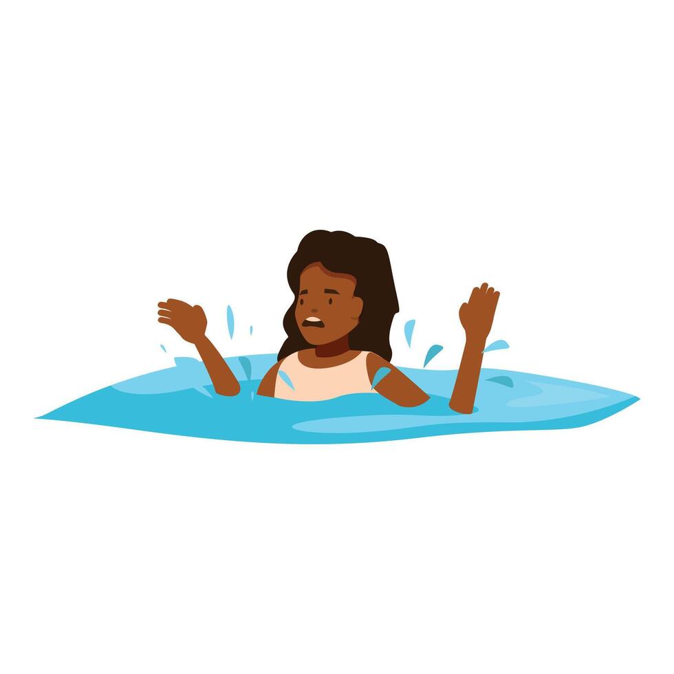 Scared young girl drowning in water asking for help during flood or tsunami disaster vector