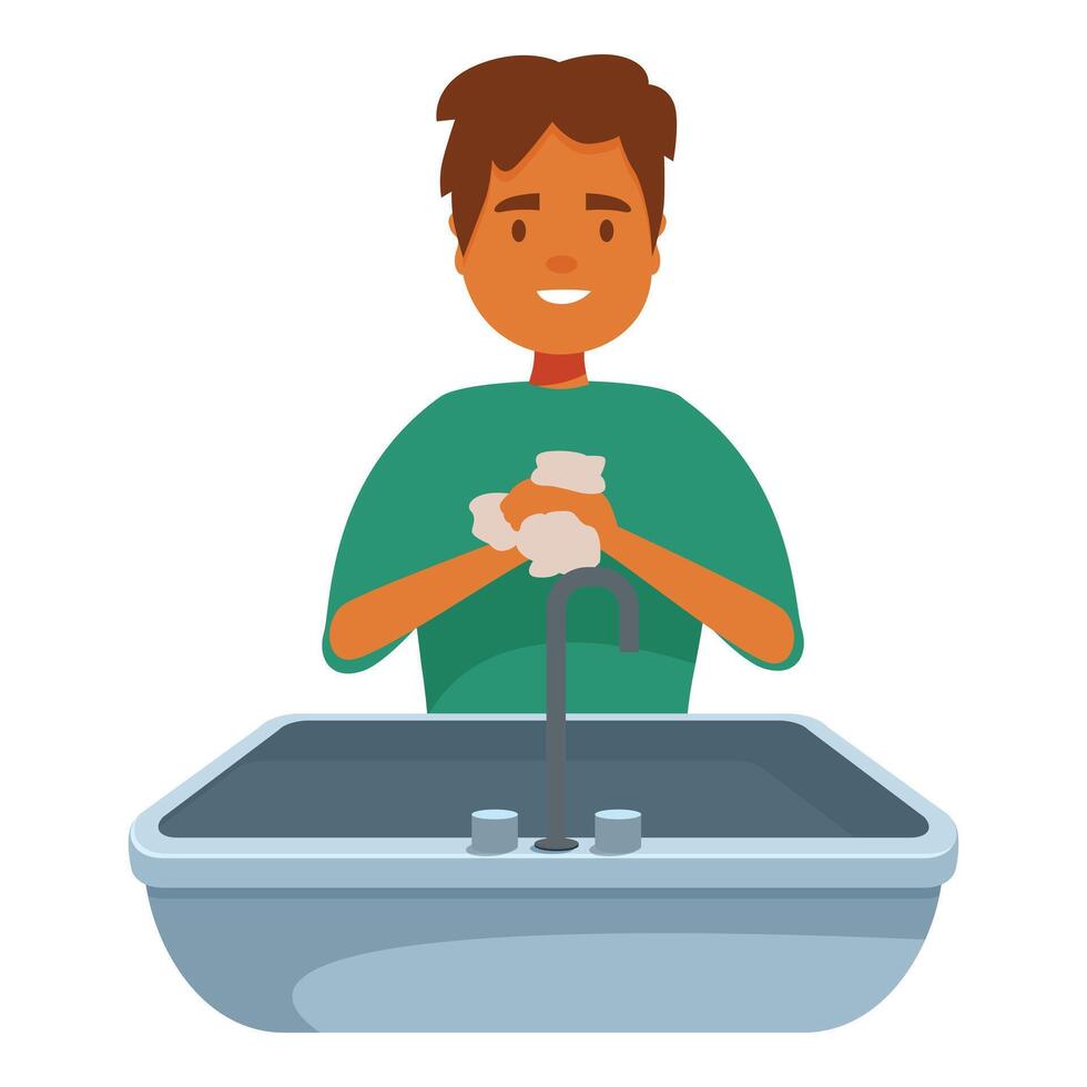 Man washing hands with soap in bathroom sink for hygiene and cleanliness vector