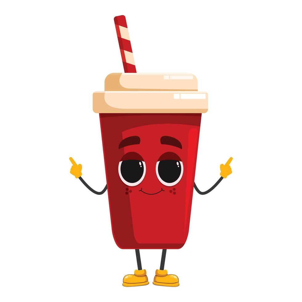 Happy red soda cup mascot pointing with fingers vector
