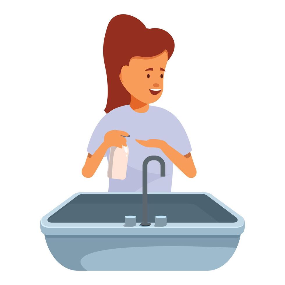 Woman using liquid soap for handwashing in bathroom sink vector