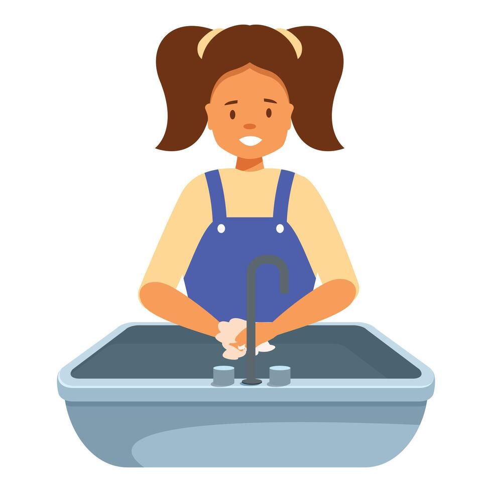 Smiling girl washing hands with soap in sink vector