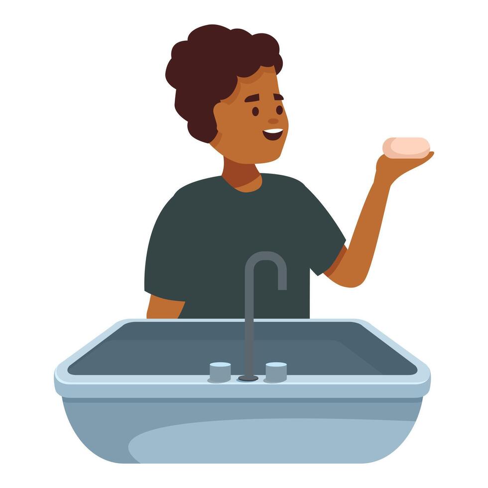 Young boy holding soap getting ready to wash hands in sink vector