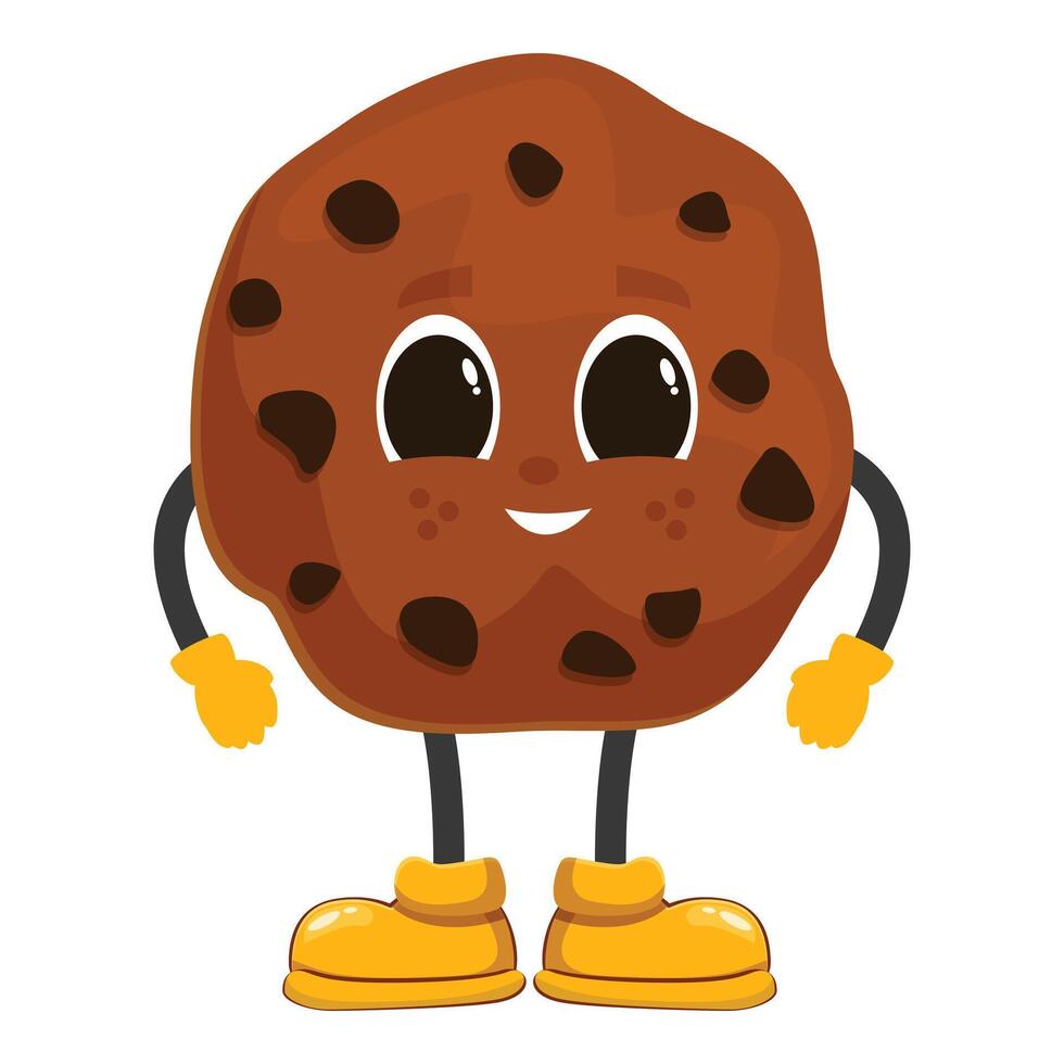 Smiling chocolate chip cookie cartoon character wearing yellow boots vector