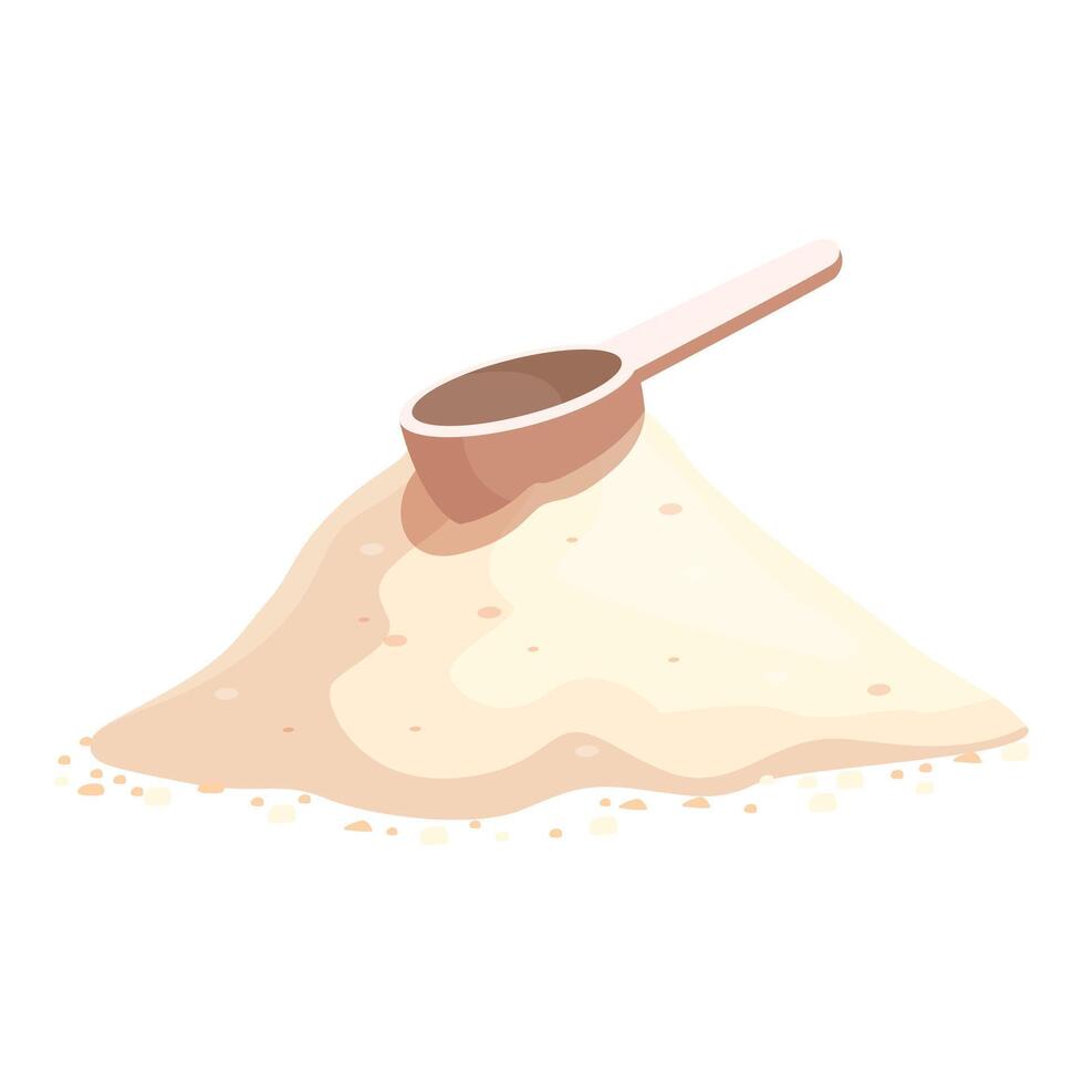Wooden spoon resting on pile of protein powder on white background vector