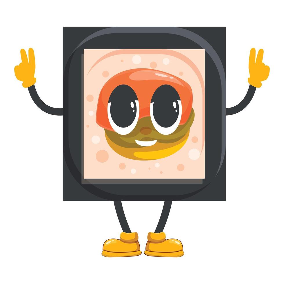 Happy sushi cartoon character wearing gloves and boots is raising hands vector