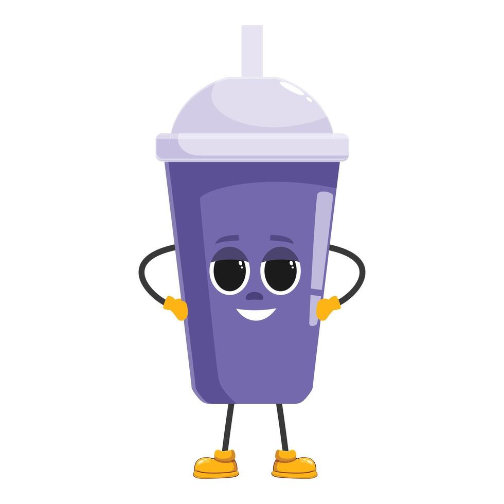 Purple soft drink cup character smiling with hands on hips vector