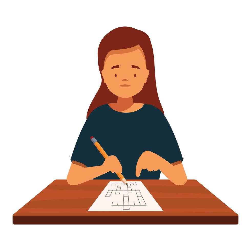 Focused student solving crossword puzzle at desk vector