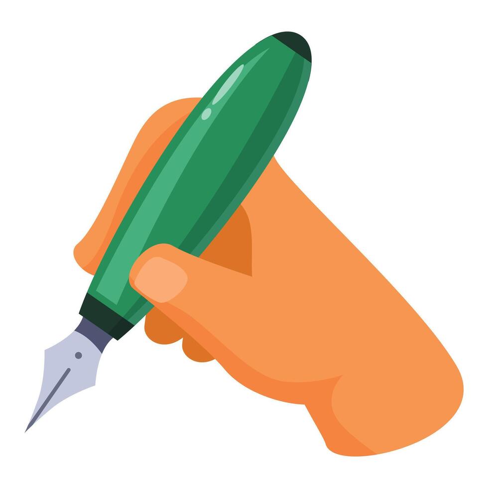 Hand holding green fountain pen writing, writer creating new text with elegant pen vector