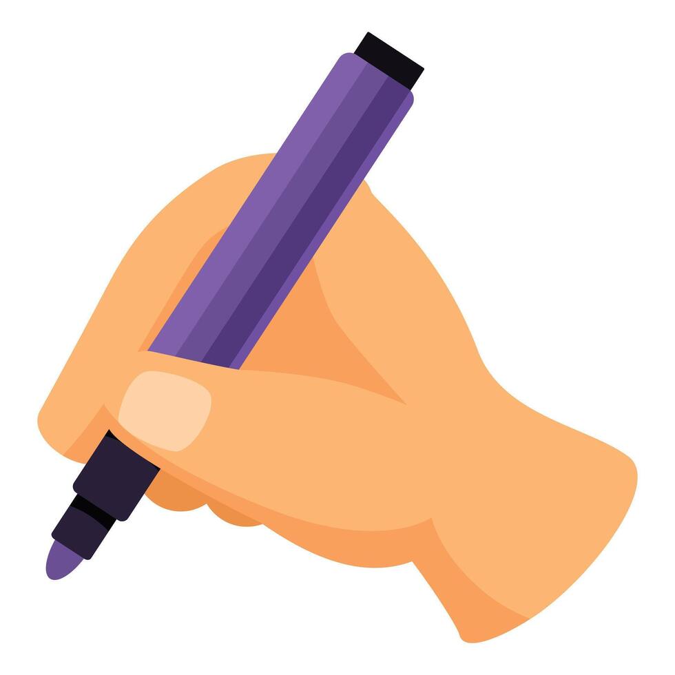 Hand holding purple marker pen writing or drawing vector