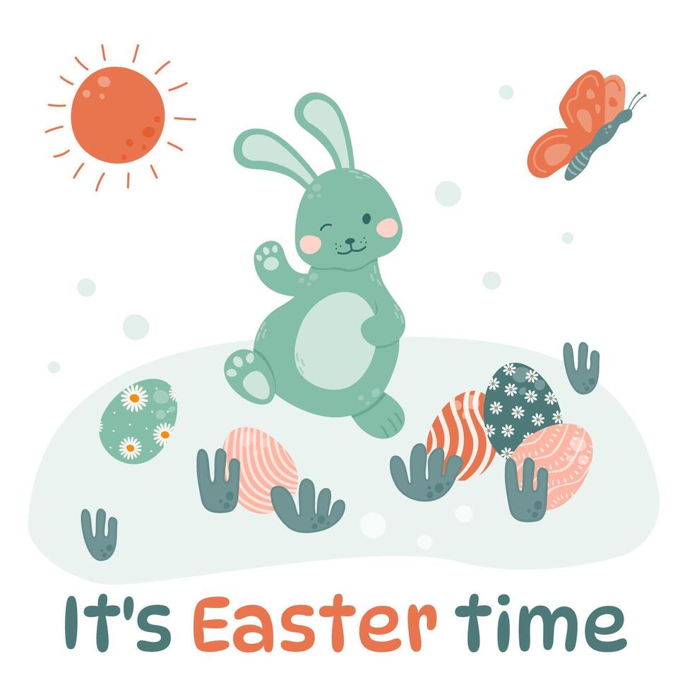 Easter bunny is walking on the grass and waving his paw. vector