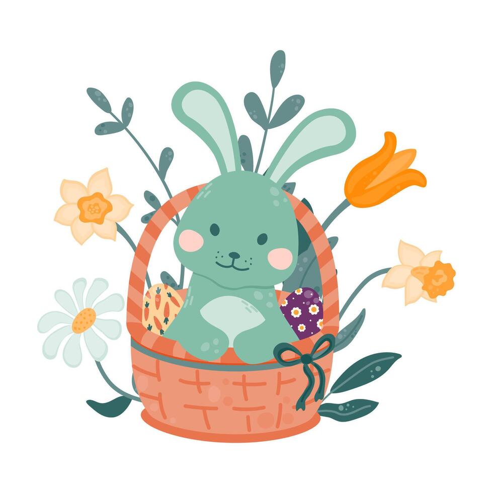 Easter bunny sits in a wicker basket with colorful eggs on a background of flowers. vector