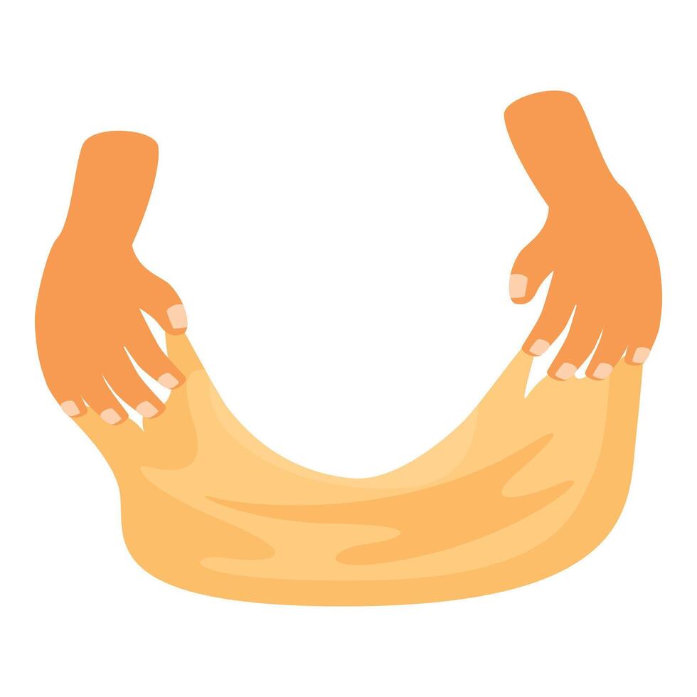 Hands holding and stretching golden slime, viscous substance vector