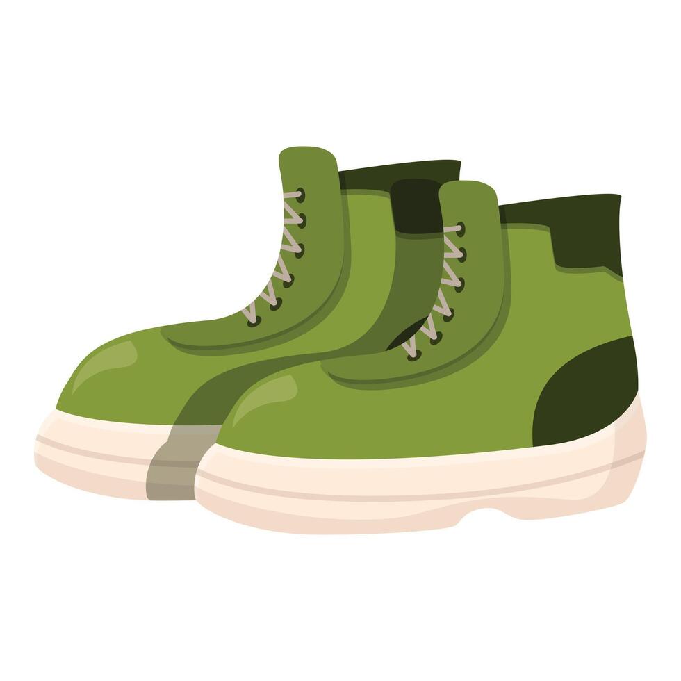 Green hiking boots isolated on white background, showing laces and soles vector
