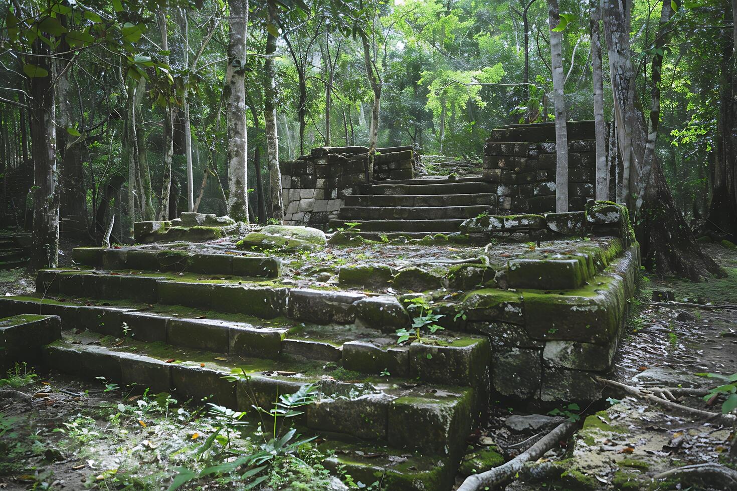 Ancient Mayan Jungle Ruins Mossy Stone Steps and Trees photo