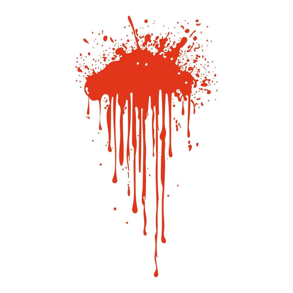 Grunge red blood splatter in flat design. Bleeding blot with flowing drips. illustration isolated. vector