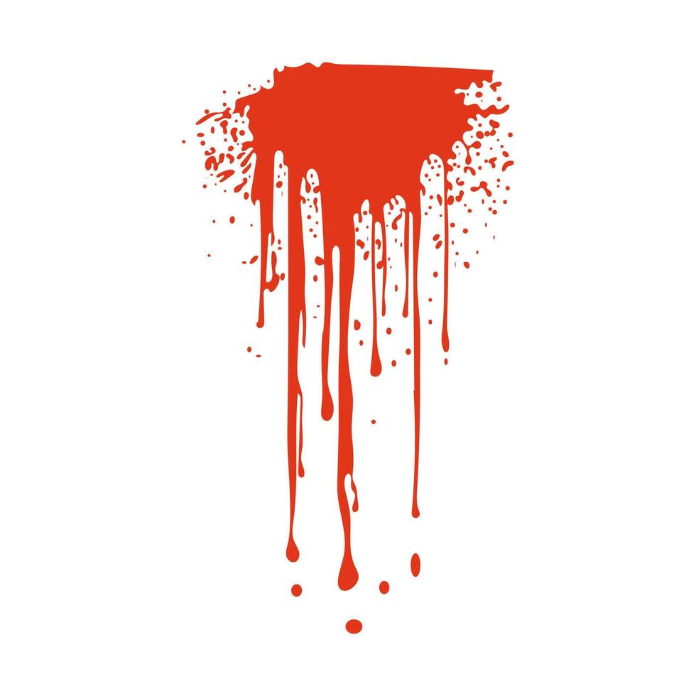 Grunge red blood splatter in flat design. Messy spot with pouring drips. illustration isolated. vector