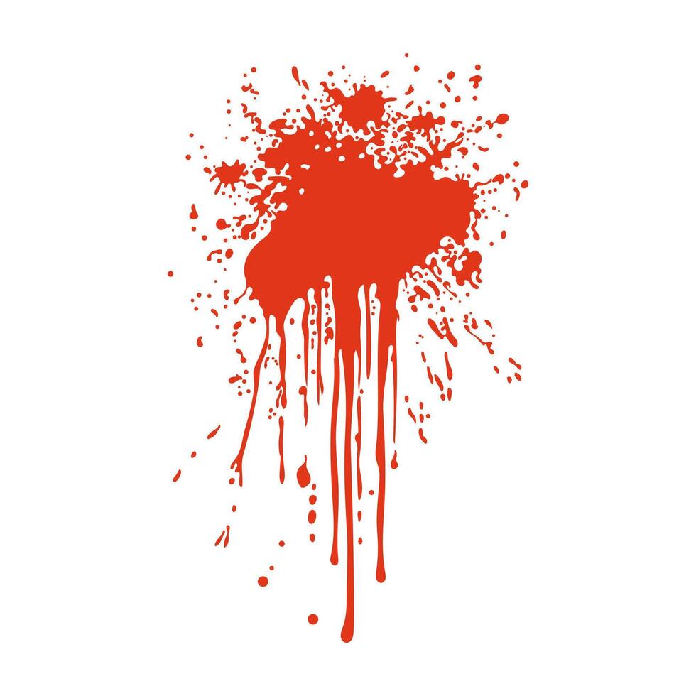 Grunge red blood splatter in flat design. Splashing blot with flowing drips. illustration isolated. vector