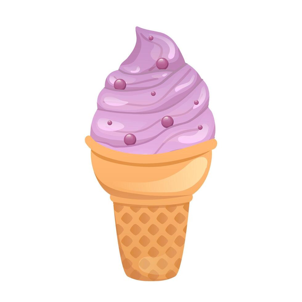 Ice cream in flat design. Purple berry frozen dessert in waffle cone cup. illustration isolated. vector