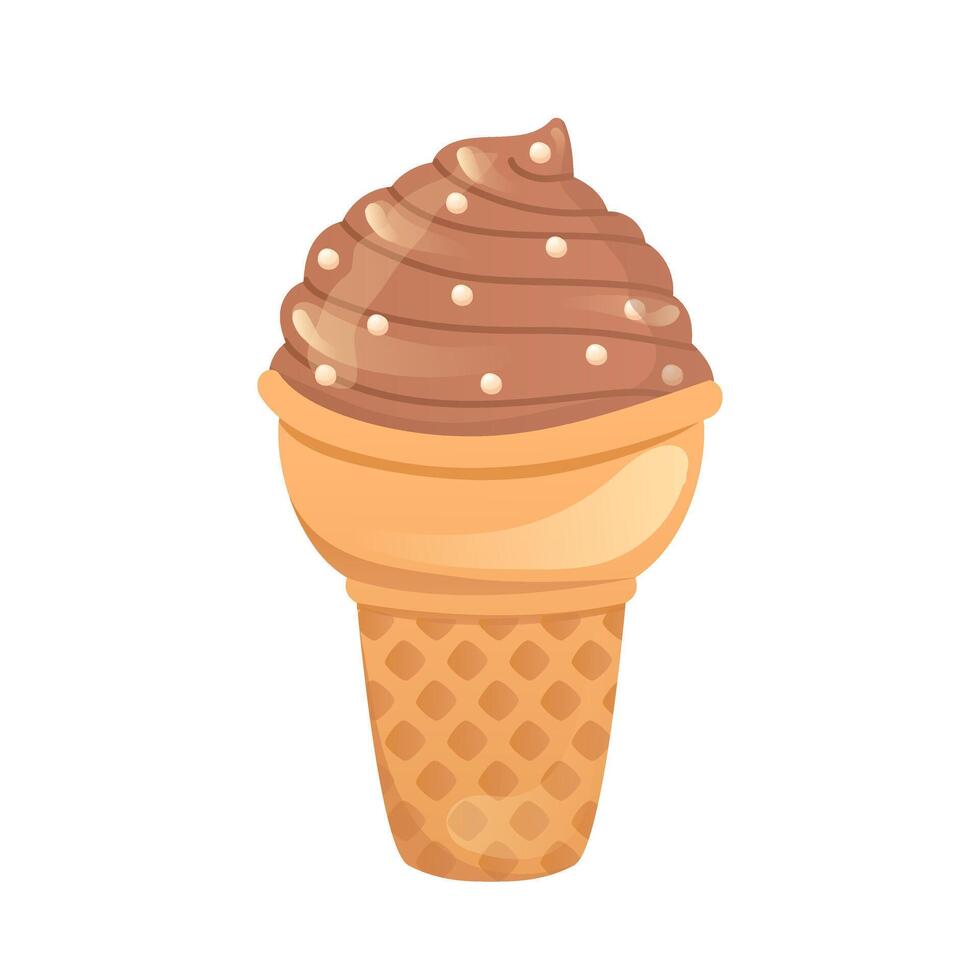 Ice cream in flat design. Frozen chocolate dessert in wafer cone cup. illustration isolated. vector