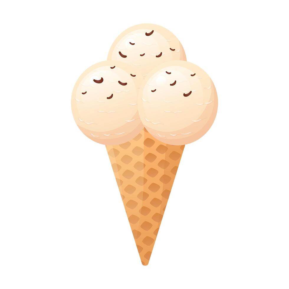 Ice cream in flat design. Frozen balls with chocolate chips in wafer cone. illustration isolated. vector