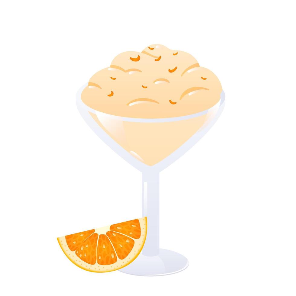 Ice cream in flat design. Vanilla frozen dessert with orange in glass bowl. illustration isolated. vector