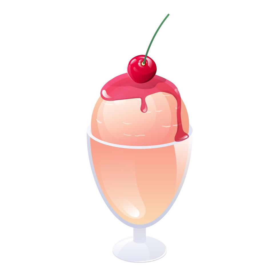 Ice cream in flat design. Frozen dessert with cherry topping in glass bowl. illustration isolated. vector