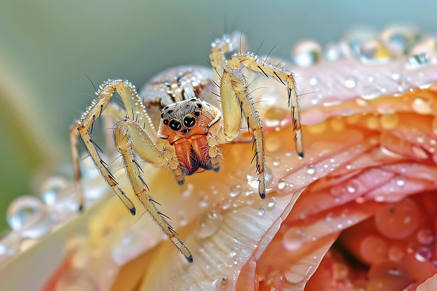 Macro Photography DewCovered Spider on PeachColored Petal photo
