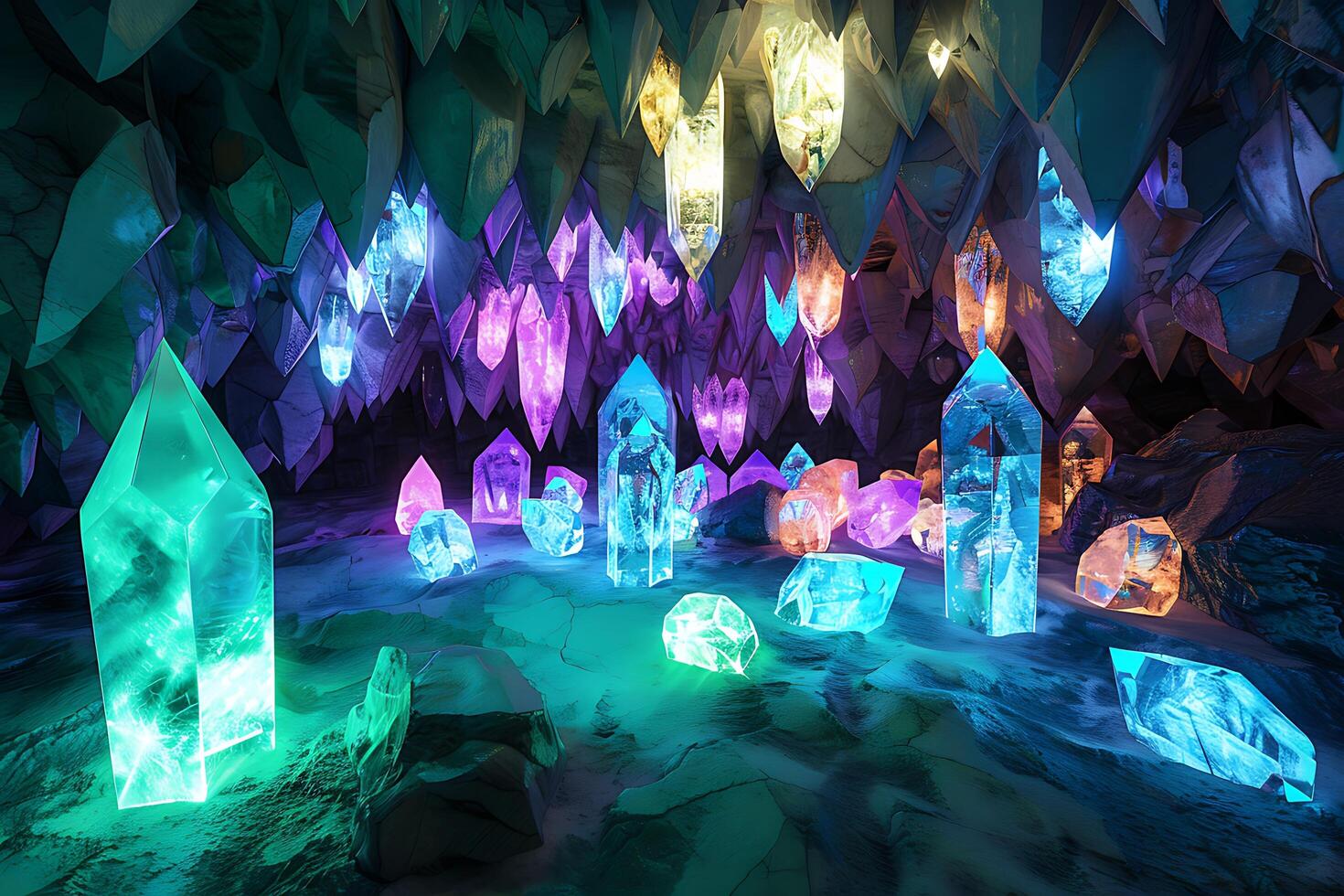 Glowing Crystal Cave Magical Gems, Prismatic Wonders, Mystical Rocks photo