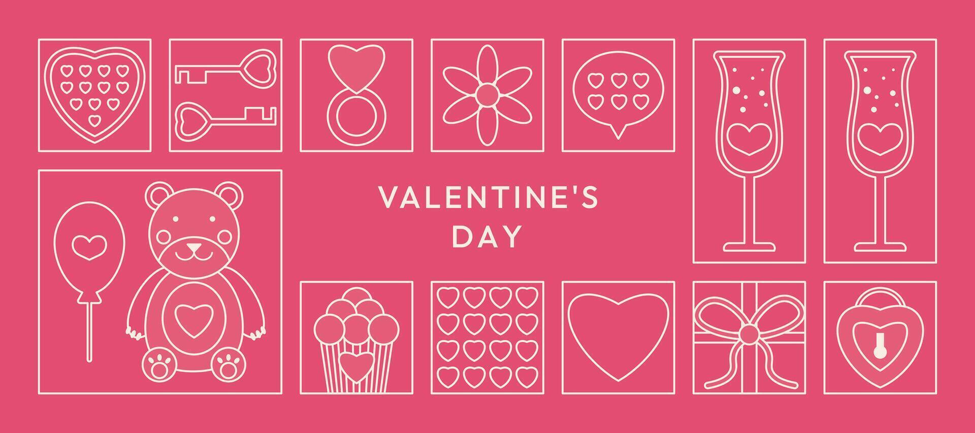 Happy Valentine's Day pink banner template in line style. Trendy geometric pattern with minimalist Love white icons. Modern background for sale greeting cover. vector