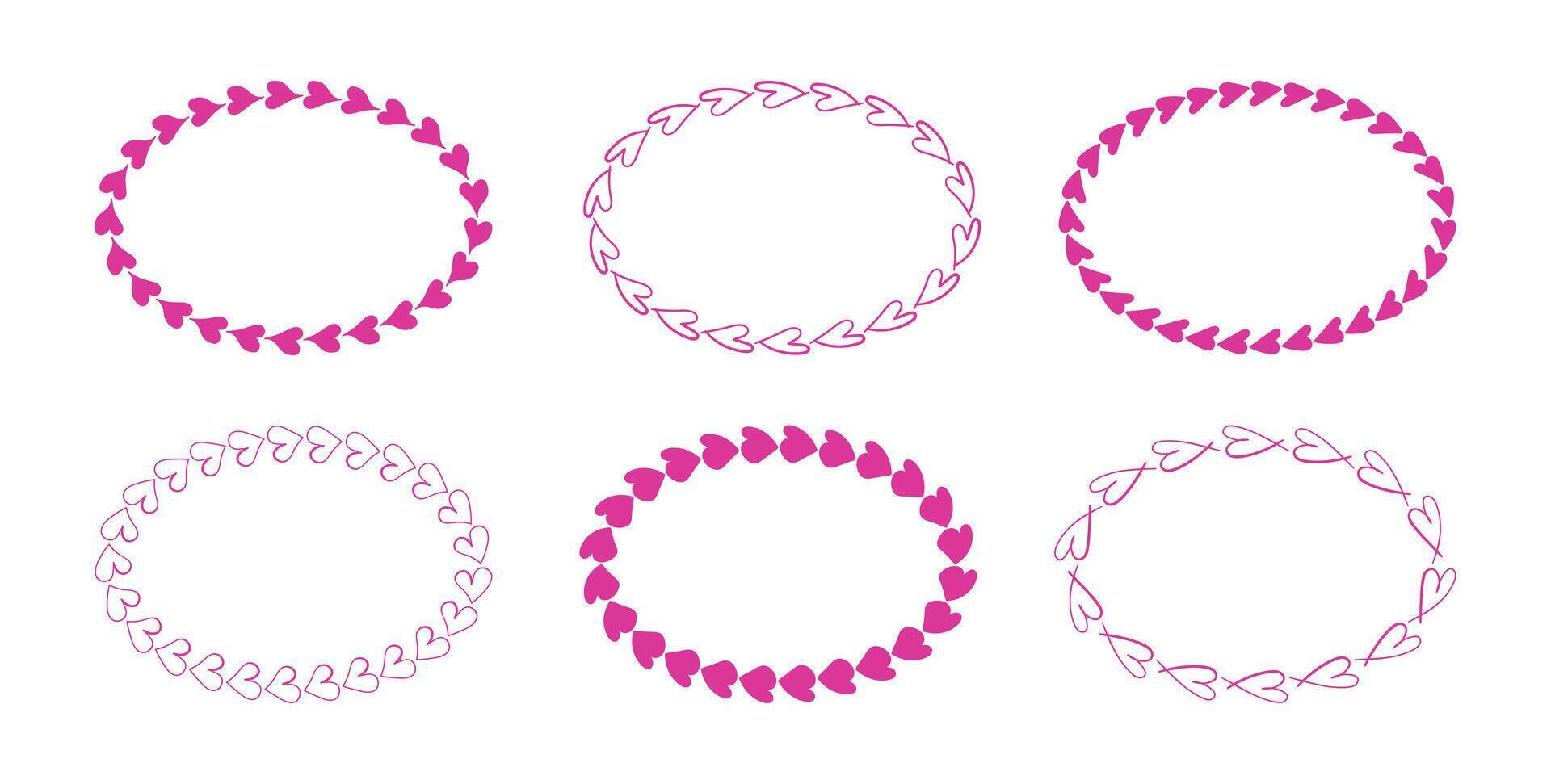 Elegant hand drawn Valentines day oval frames with hearts. Doodle pink romantic textboxes for quirky holiday, wedding, birthday gift decorations. Border with empty place for text. vector