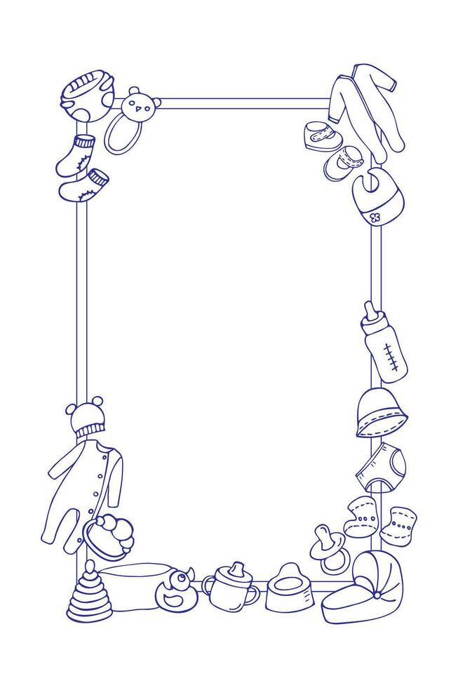 vertical frame of toys and items for newborns, outline drawing, hand drawn in cartoon style. vector