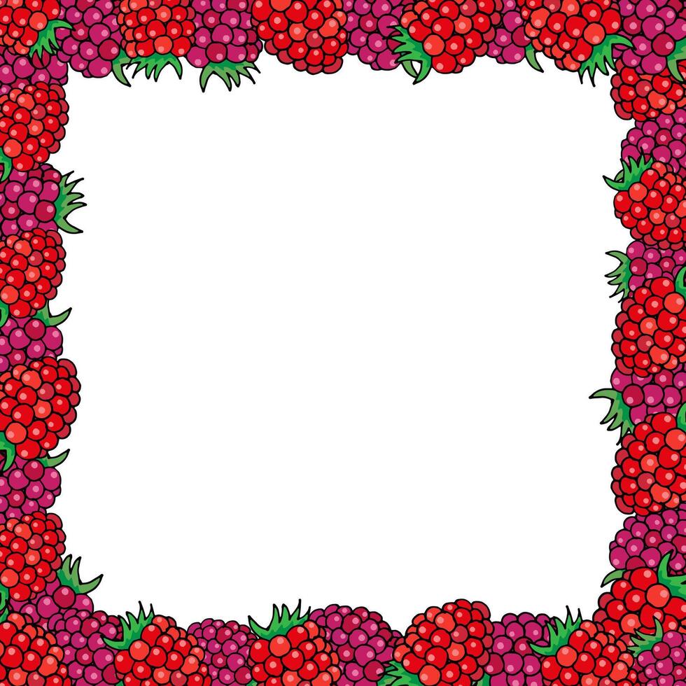 square frame of colored drawings of raspberries and blackberries, hand drawn in cartoon style. vector