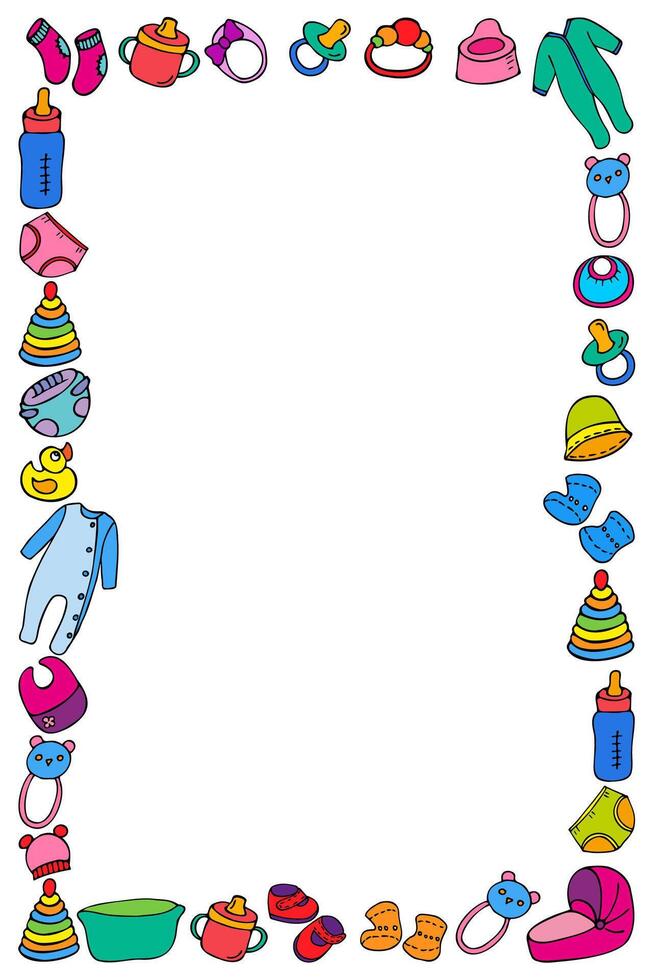 a frame of colored drawings of toys and items for newborns, hand-drawn in a cartoon style. vector