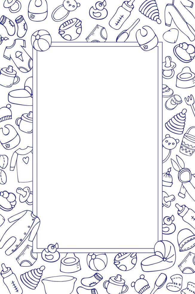 vertical frame of toys and items for newborns, hand-drawn in cartoon style. contour drawing. vector