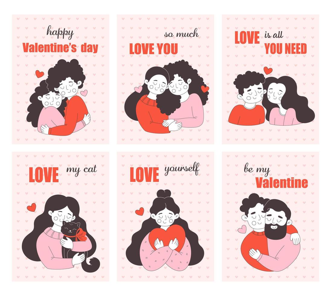 Valentines Day greeting cards with various couples. Concepts for background, website and mobile website banner, social media banner, marketing material. vector