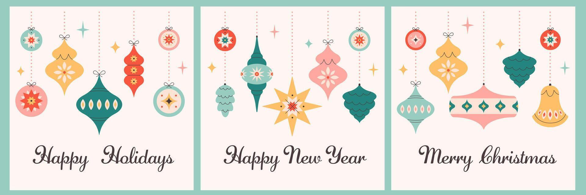 Happy Holidays and Merry Christmas greeting cards with Christmas tree toys vector