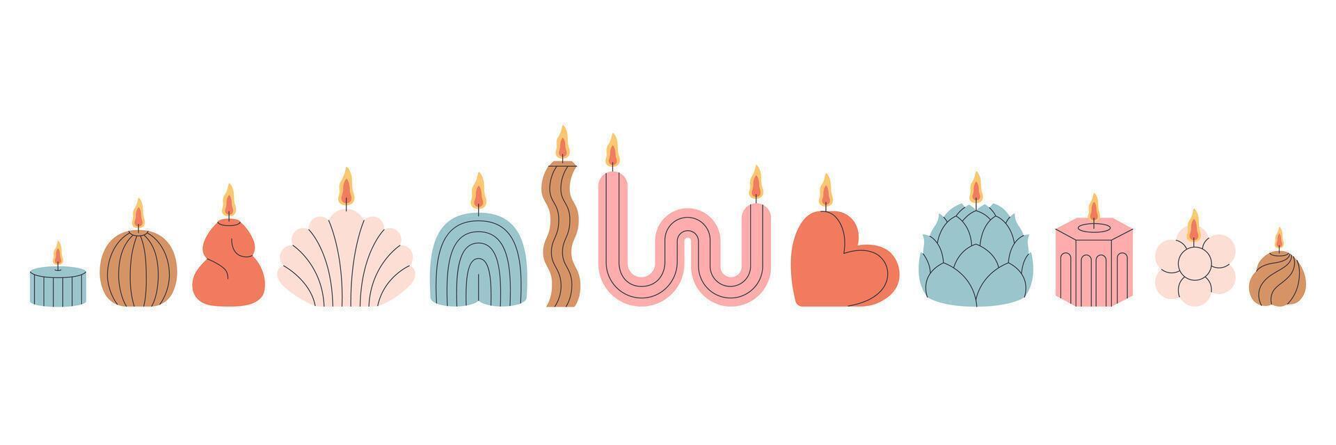 Cute decorative aromatic candles various shapes and colors. Burning scented candles, home interior vector