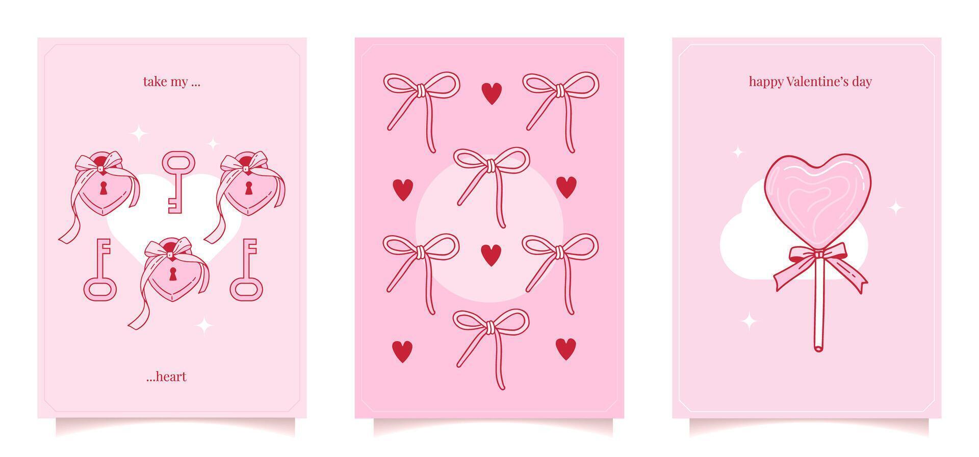 Pink Bow Tie Ribbon Coquette Vintage Valentine s Day Love greeting cards set. Cute girly contour hand drawn illustration of lollipop, locks with key. vector